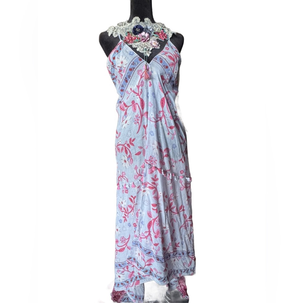 🆕Aratta Scarf Eva Dress in light blue and pink with pom pom trim as shown Sz S